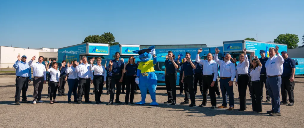 Blue Kangaroo Packoutz employees with Blue Kangaroo Mascot